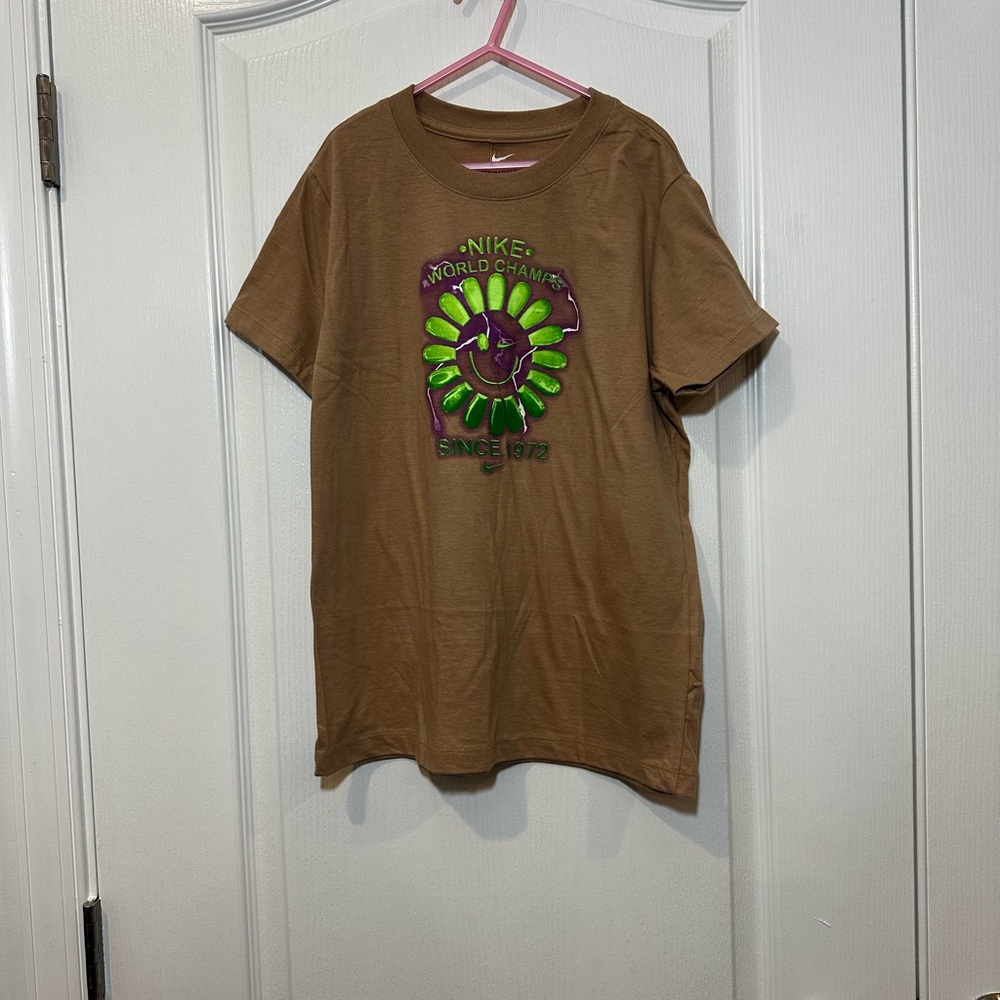 Nike Tan Tee with Green and Purple Design